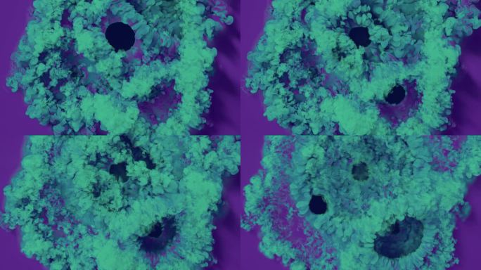 明亮和丰富多彩的数字无缝循环动画混合绿色和紫色烟雾。3d渲染背景4K