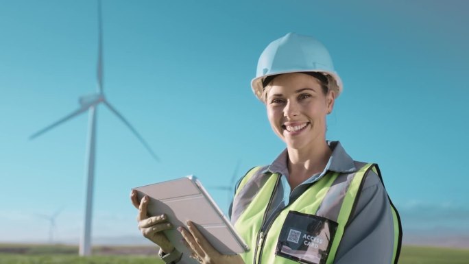 工程妇女，风力涡轮机和平板电脑规划，检查或可再生能源和可持续发展领域。工业工人对数字技术为风车或绿色