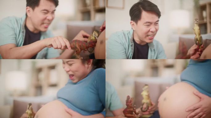 有趣的爸爸喜欢花时间在他怀孕的肚子上玩恐龙玩具给他的宝宝看，爸爸一边和他的宝宝说话一边在沙发上展示有