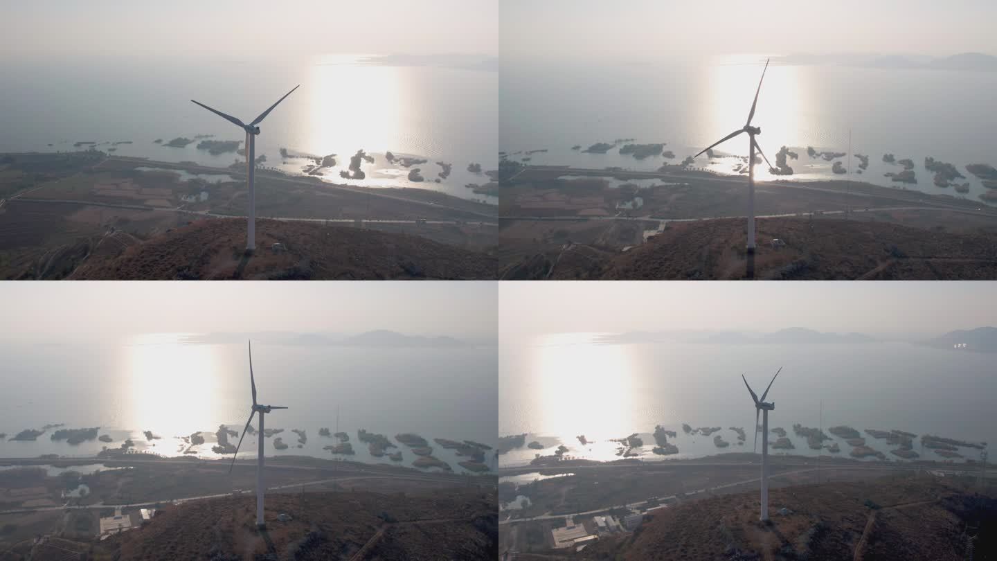 4k航拍山东泰安东平湖风力发电
