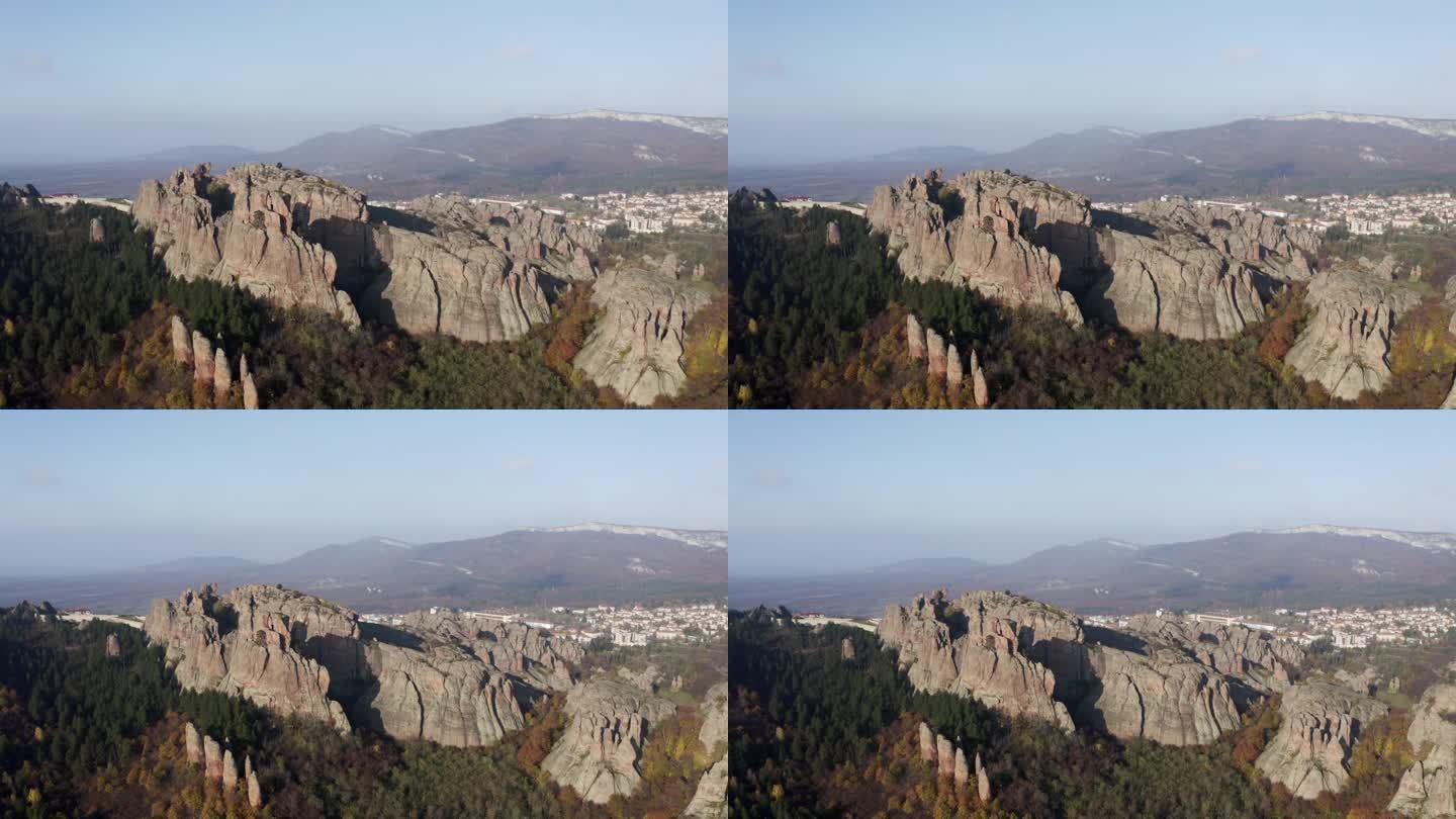 在保加利亚维丁省巴尔干山脉山麓的Belogradchik镇，无人机拍摄了天然岩层。