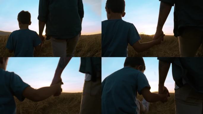 父子俩手牵着手在麦田里散步，在乡村里自由自在地冒险。一家人，男人和男孩，在夕阳下的玉米地里度假或旅行