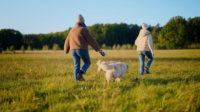 两个女人牵着金毛猎犬在草地上散步。穿暖和的衣服