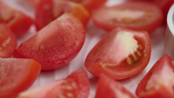 在蔬菜烘干机里把盐撒在新鲜红番茄片上的宏观视频。特写镜头。
