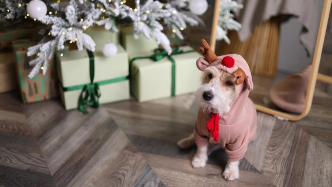 狗在喜庆的新年房子里。一只宠物打扮成圣诞老人的小鹿，背景是一棵装饰着礼物的冷杉树。杰克罗素梗迎接客人