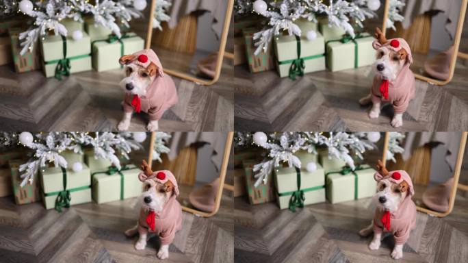 狗在喜庆的新年房子里。一只宠物打扮成圣诞老人的小鹿，背景是一棵装饰着礼物的冷杉树。杰克罗素梗迎接客人