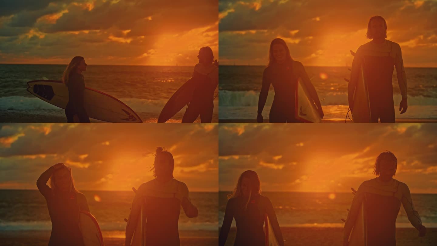 一对冲浪夫妇在日落的海滩上玩冲浪板