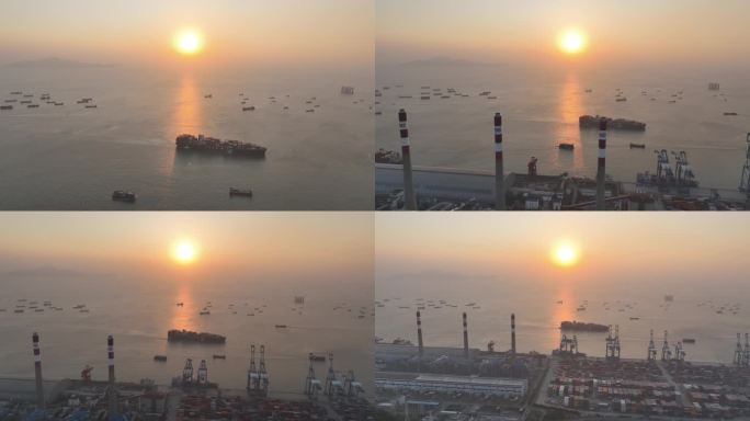 深圳港口货船航拍海上日落轮船夕阳前海湾港