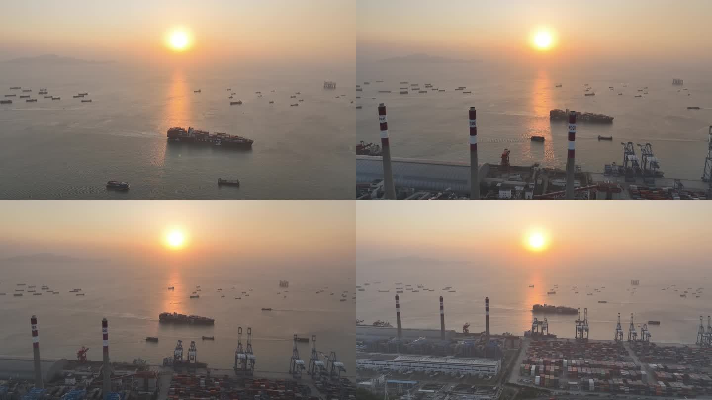 深圳港口货船航拍海上日落轮船夕阳前海湾港