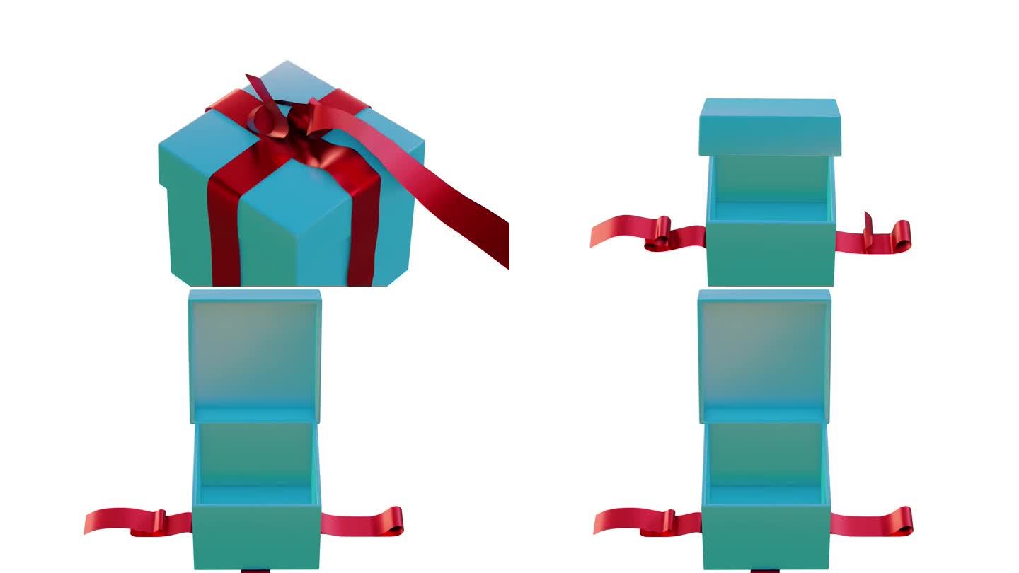 动画打开空蓝色礼盒与红丝带。2月14日情人节礼品折扣及店铺概念。