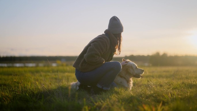 一名妇女在草地上训练金毛猎犬。教导逗留命令