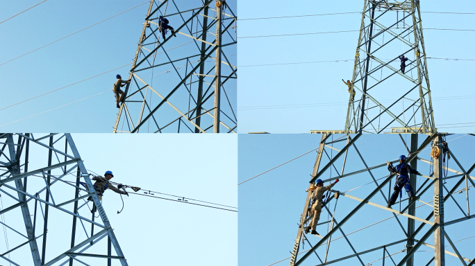 电力工人维修维护电力设施 作业至明月初升