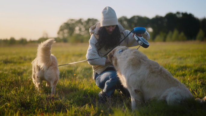 一个女人在草地上和两只金毛猎犬玩耍。喂零食