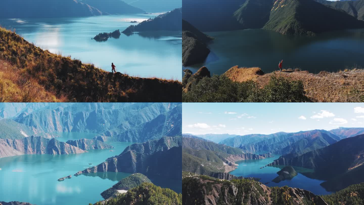 雅江天龙湖合集人物在湖边山脊上行走