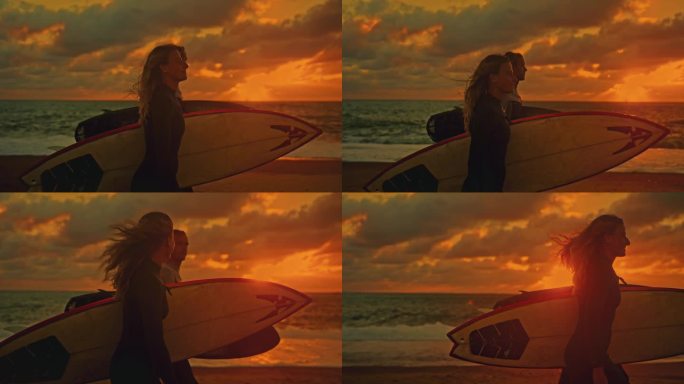 夕阳下的夏日沙滩上，一对冲浪夫妇扛着冲浪板