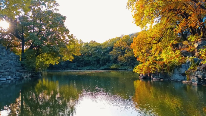 北京秋天颐和园湖水水面金色秋天倒影