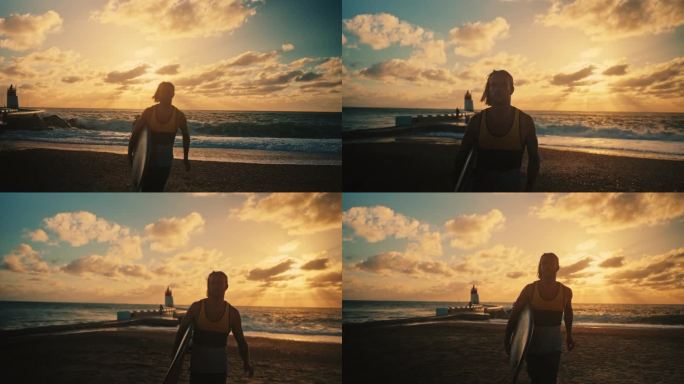 夕阳下，男冲浪者拿着冲浪板在海边慢跑