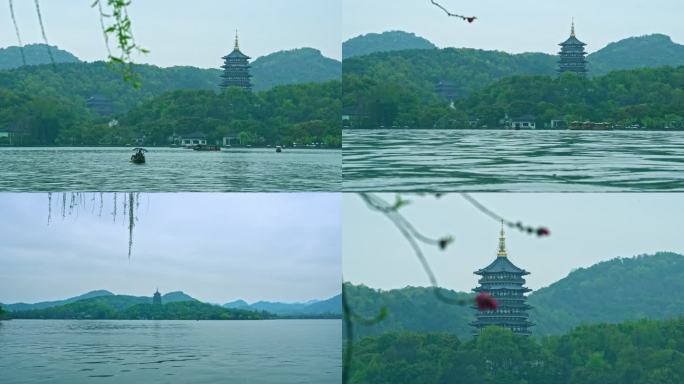 雷峰塔前西湖划船有飞鸟飞过