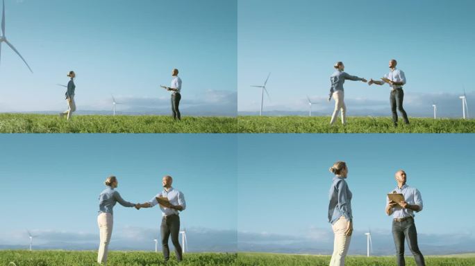 业内人士，握手和风车会议可再生能源检查和可持续发展的一个领域。工程经理握手b2b交易，风力涡轮机和规