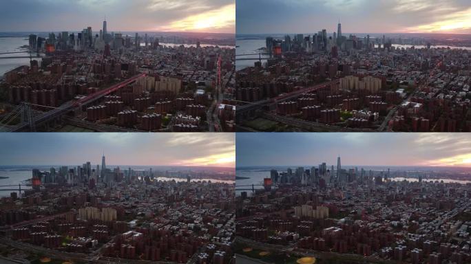 日落时分，曼哈顿中城和下城的著名摩天大楼。纽约市。美国，北美。从直升机上拍摄的。