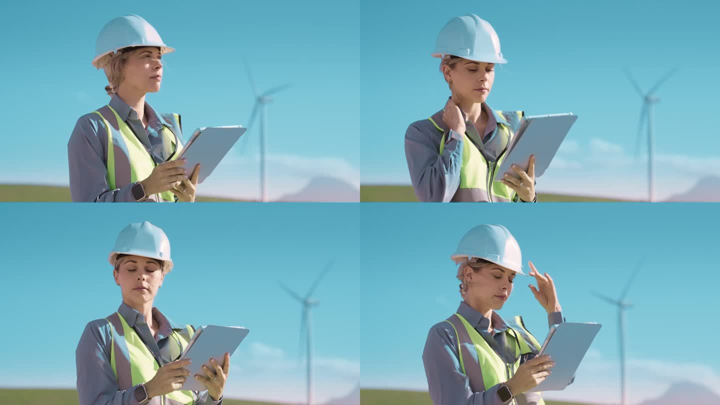 女工程师，平板电脑和风力发电厂可再生能源，思考或想法分析在农村。技术人员，打字和滚动数据与环保电力，