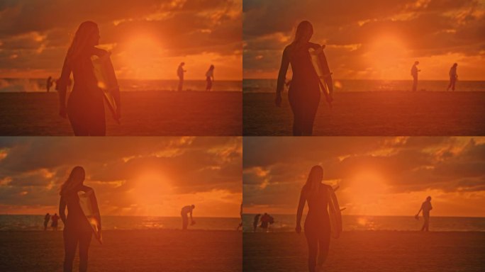 夕阳下，女冲浪者手持冲浪板在阳光明媚的海滩上散步