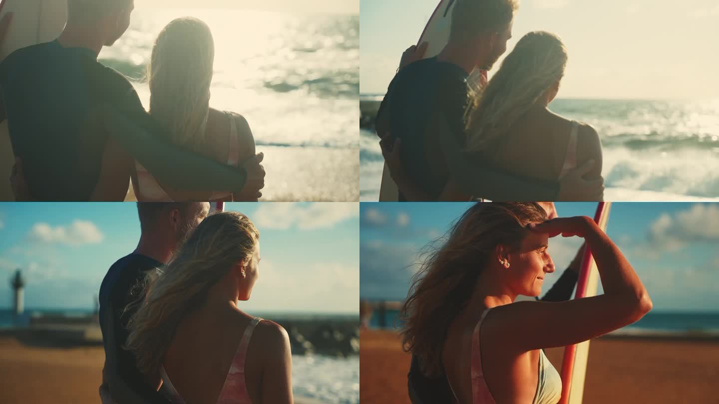 一对冲浪夫妇拥抱在一起，看着阳光明媚的海景
