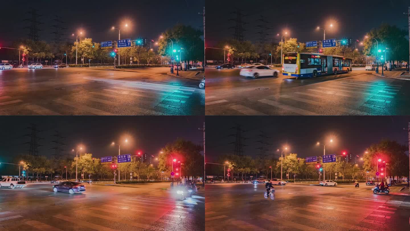 车流延时公交车夜景红绿灯马路口烟火气