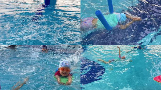 在泳池里学习游泳的孩子