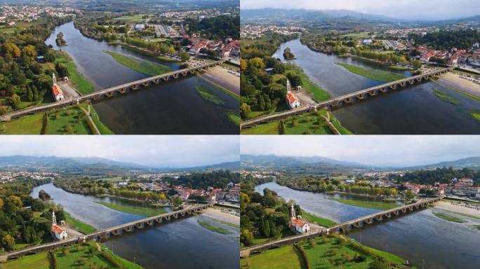 令人惊叹的空中4K无人机镜头，一个村庄——葡萄牙的利马桥和它的标志性建筑——横跨利马河的罗马石桥。拍