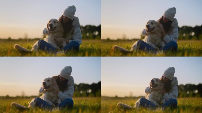 一个女人在草地上和一只金毛猎犬玩耍。亲吻和拥抱腿上的狗
