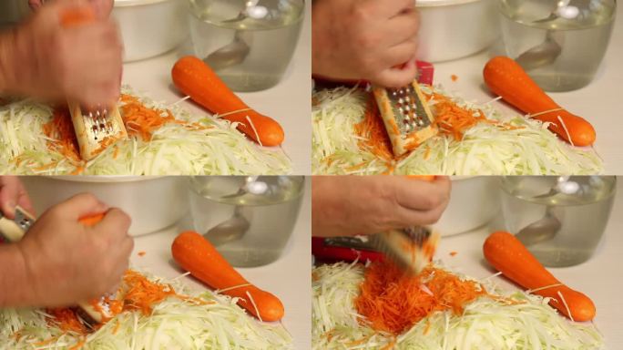 一个男人在家煮酸菜。磨胡萝卜。特写，从侧面看