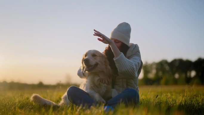 一个女人在草地上和一只金毛猎犬玩耍。抚摸和拥抱腿上的狗