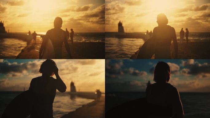 夕阳下夏日沙滩上，男性冲浪者手持冲浪板的剪影