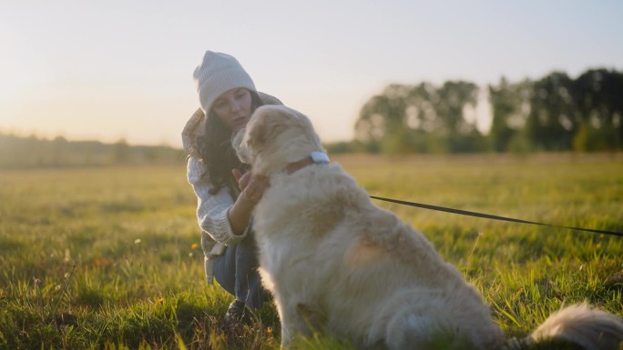 一个女人在草地上和一只金毛猎犬玩耍。抚摸和拥抱狗