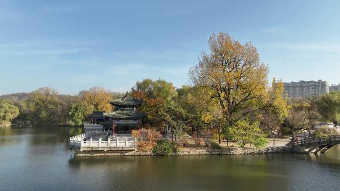 航拍鞍山市二一九公园秋季风景