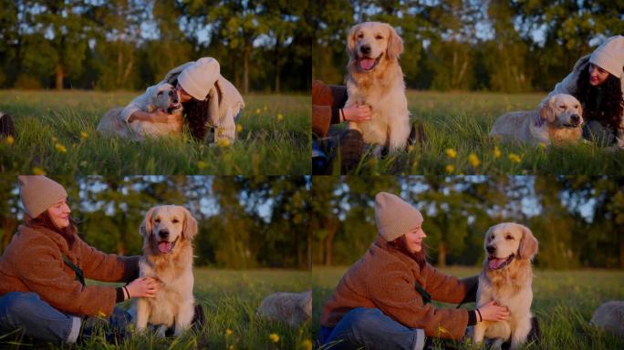日落时分，两个女人在草地上与金毛猎犬玩耍。抚摸和拥抱狗