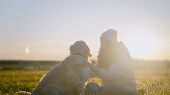 一个女人在草地上和一只金毛猎犬玩耍。抚摸狗