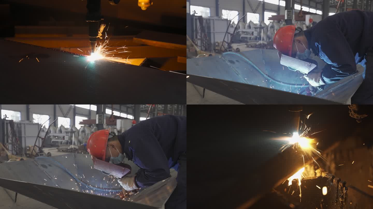 工厂电焊工人焊接打磨升格焊花四溅