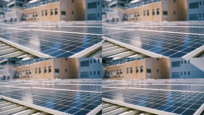 太阳能，环境和屋顶板特写或可再生电力，太阳可持续性或未来技术。电网，生态友好和清洁的气候变化帮助，屋