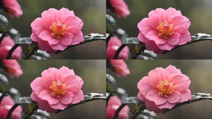 实拍雨中山茶花