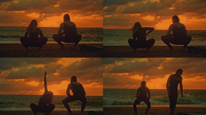 夕阳下，一对冲浪夫妇在海边蹲伏伸展身体