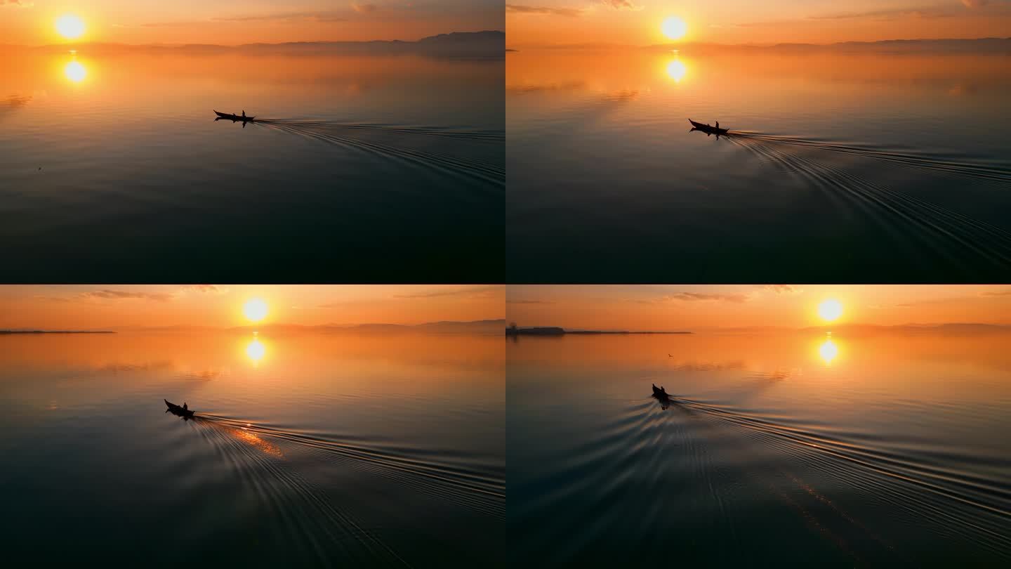 金色夕阳昆明滇池水面渔船美景