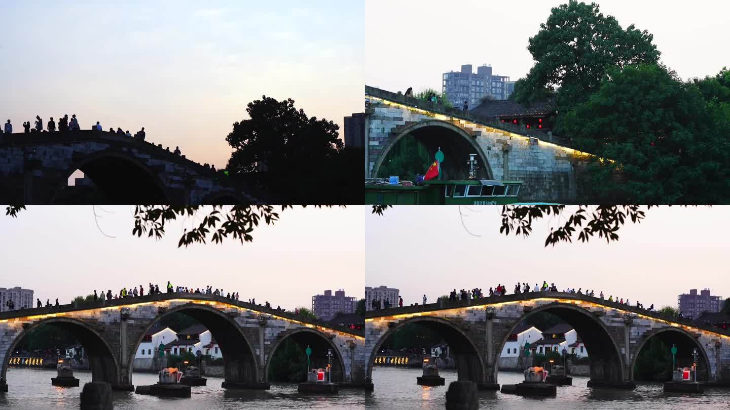 杭州运河游船巴士游客下船拱宸桥游客空镜