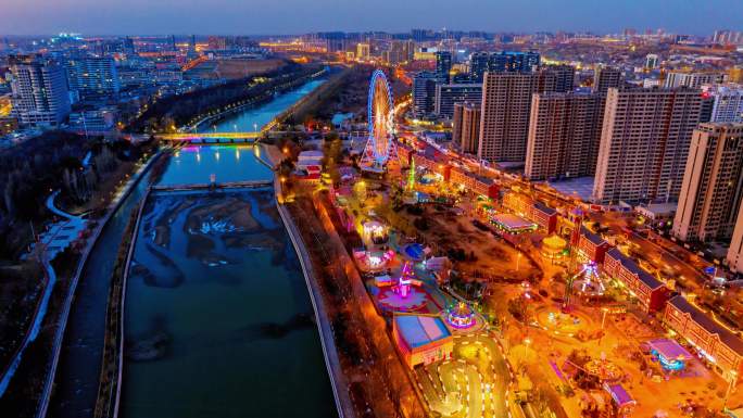 陕西榆林市滨河公园游乐园夜景延时