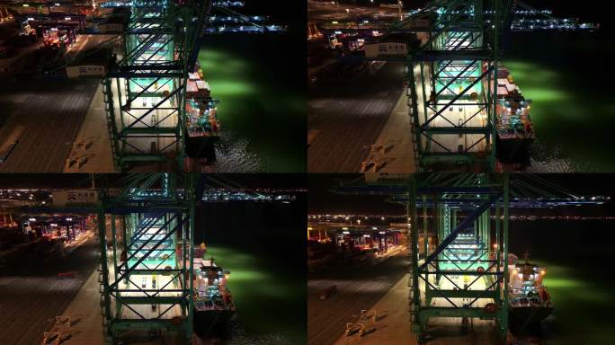 航拍天津港码头夜景吊装