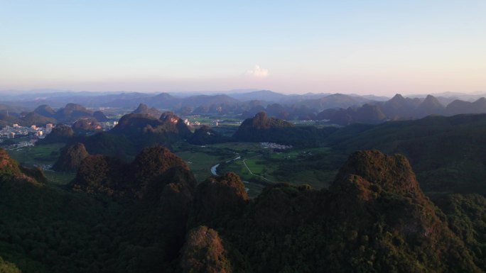 航拍清远英德英西峰林日出山水 山