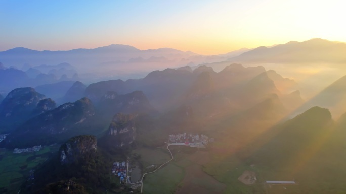 航拍清远英德英西峰林日出山水 山