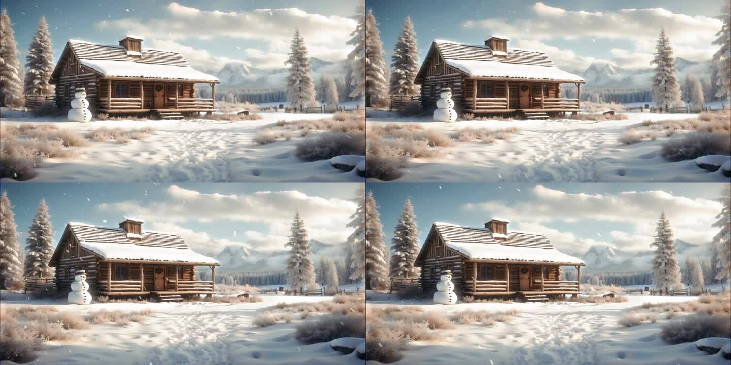 4K宽屏暖冬下雪小屋木屋唯美背景视频