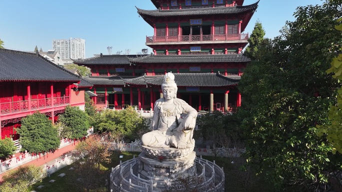 航拍南京秋景呲卢寺俯冲运镜